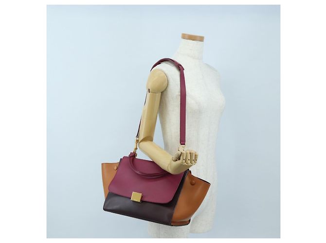 Céline Borsa a mano CELINE Trapeze in pelle 2way Bordeaux Gold Auth 202503A D'oro Bordò - vista 33
