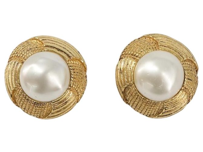 CHANEL Earring Metal Gold Tone White CC Auth bs37083 - view 2