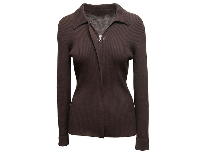 Brauner Prada Rippstrick-Wollcardigan mit Kragen Größe IT 42 - Ansicht 2