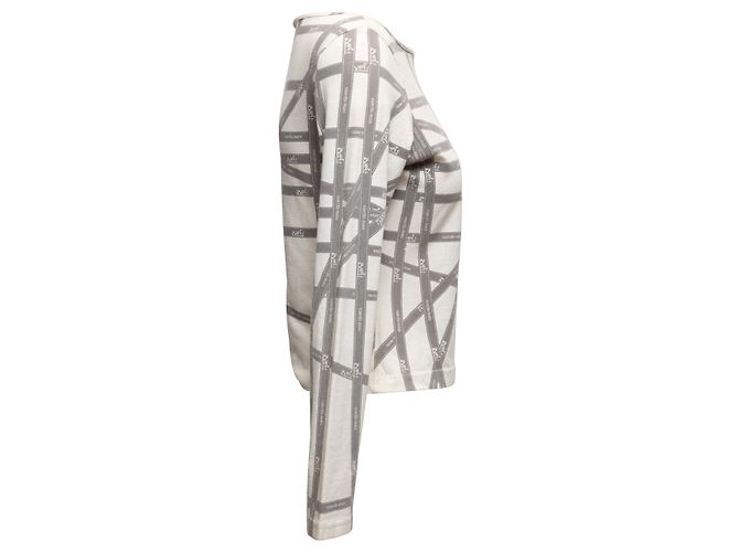 Hermès Vintage Hermes Langarmshirt mit Bolduc-Band-Print in Weiß und Grau, Größe US S - Ansicht 2