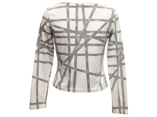 Hermès Vintage Hermes Langarmshirt mit Bolduc-Band-Print in Weiß und Grau, Größe US S - Ansicht 3