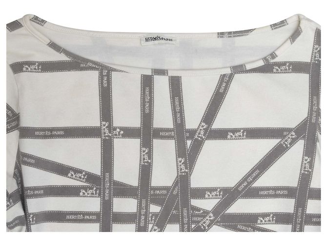 Hermès Vintage Hermes Langarmshirt mit Bolduc-Band-Print in Weiß und Grau, Größe US S - Ansicht 5