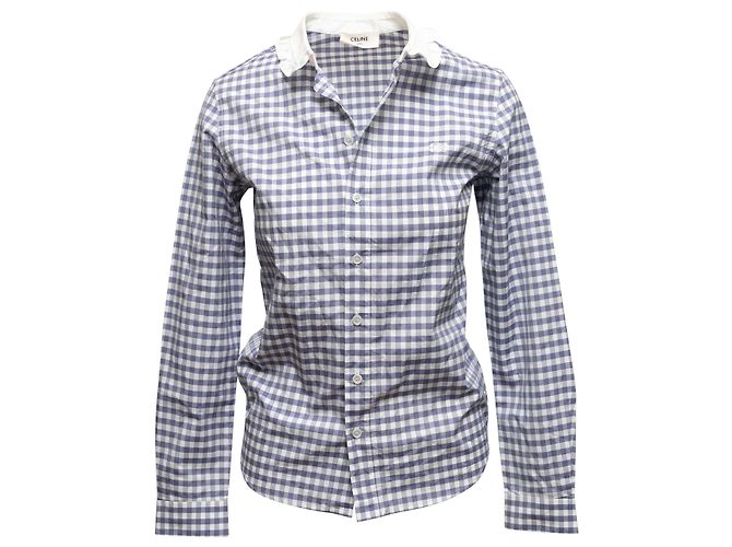 Céline Chemise à boutons Celine à carreaux vichy bleu et blanc avec col Claudine, taille US S - vue 2