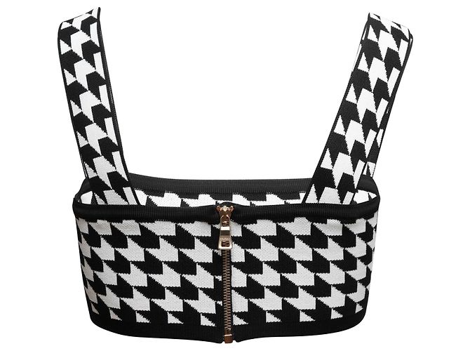 Balmain Houndstooth Strick Crop Top Schwarz & Weiß Größe FR 36 - Ansicht 3