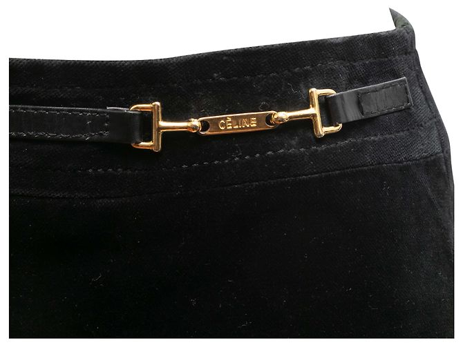 Céline Falda Celine de terciopelo negro con ribetes de cuero y horsebit Talla FR 40 - vista 4