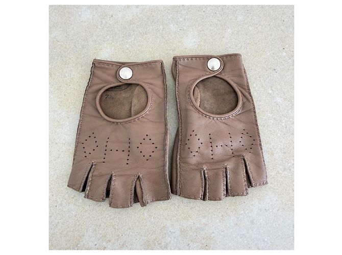 Hermès Guantes de conducir sin dedos de piel Taupe Castaño - vista 5