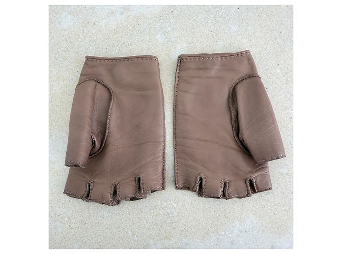 Hermès Guantes de conducir sin dedos de piel Taupe Castaño - vista 6