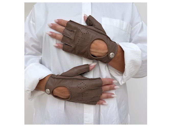 Hermès Guantes de conducir sin dedos de piel Taupe Castaño - vista 8