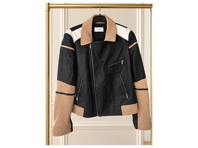 ZAPA Paris Lammleder Perfecto-Jacke – Schwarz beige weiß - Ansicht 2