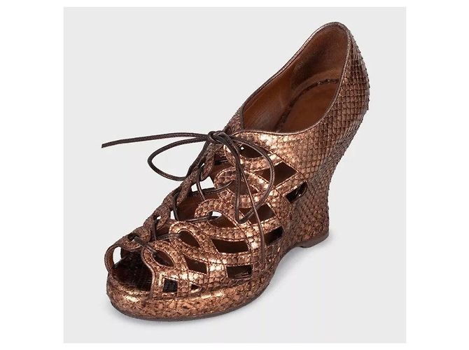 Bottega Veneta  Python Metallic Gold Wedge Sandals Sz 37.5 Pre-owned - view 3