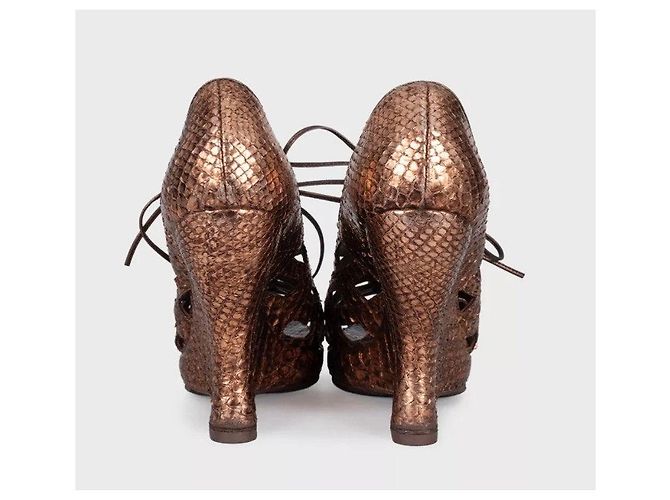 Bottega Veneta  Python Metallic Gold Wedge Sandals Sz 37.5 Pre-owned - view 4