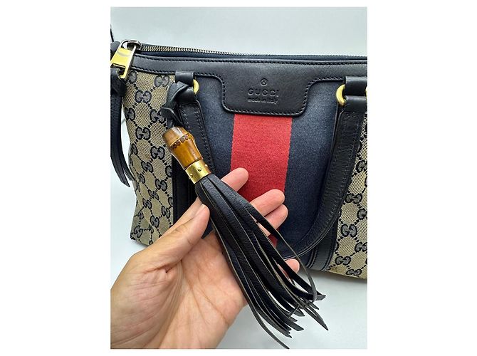 Bamboo Borsa Boston Gucci in tela monogram con strisce Nero Rosso Beige - vista 5