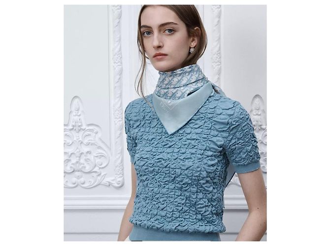Autre Marque Dior Oblique Seidentuch Weiß Blau Grau - Ansicht 5