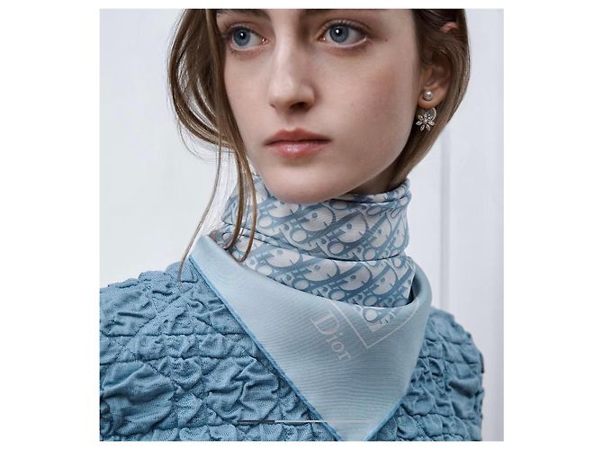 Autre Marque Dior Oblique Seidentuch Weiß Blau Grau - Ansicht 7