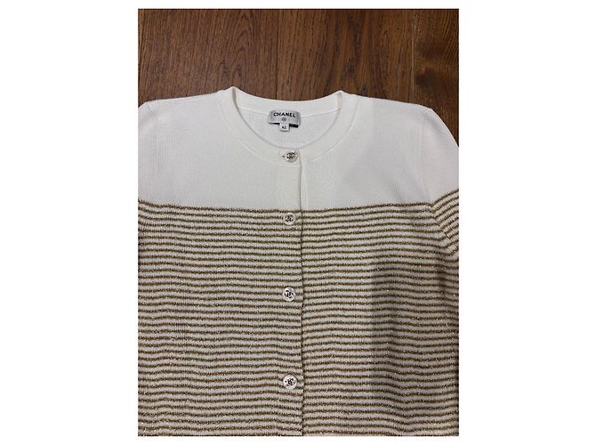 Cardigan Chanel in maglia bianco e oro a righe D'oro - vista 3
