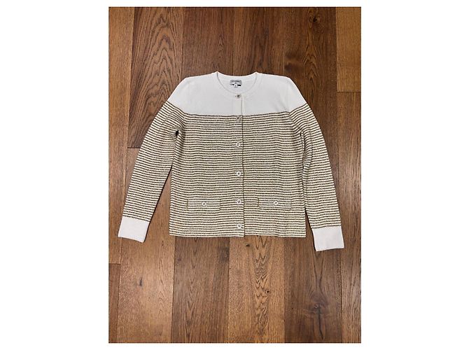 Cardigan Chanel in maglia bianco e oro a righe D'oro - vista 6