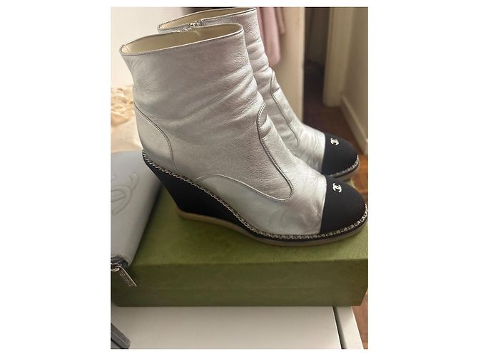 Silver and black Chanel boots Silver hardware - view 3