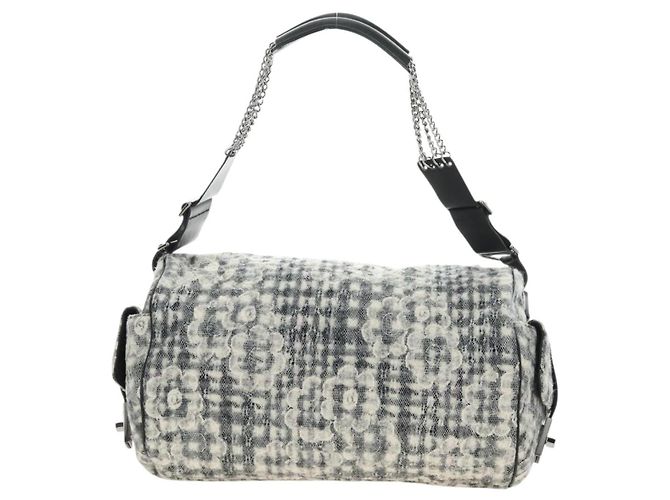 Chanel Vintage Camellia Flap Camera Quilted Tweed Large Bianco - vista 2