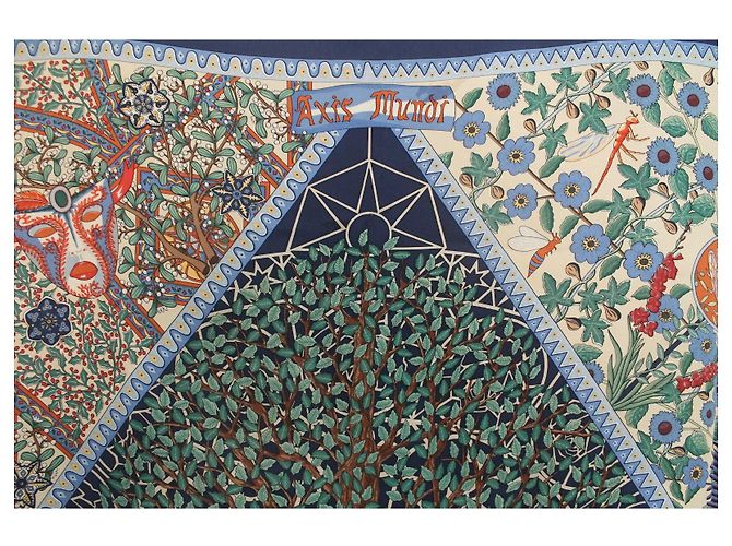 Hermès Foulard di Seta Axis Mundi Edizione Speciale 2000 Blu Navy Bianco Rosso Beige Verde Arancione - vista 5