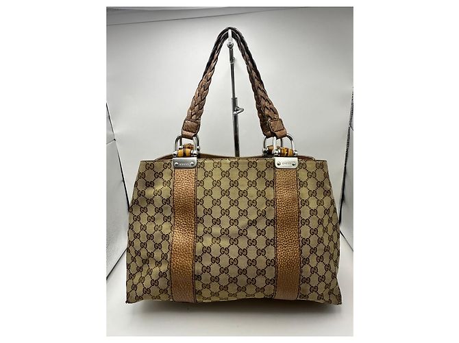 Borsa Tote Gucci Abbey Monogram Canvas Bamboo Marrone Monogramma - vista 2