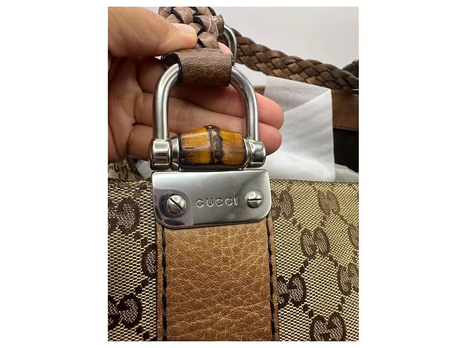 Borsa Tote Gucci Abbey Monogram Canvas Bamboo Marrone Monogramma - vista 7