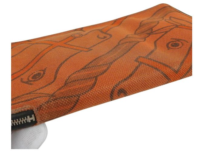 Hermès Portafoglio lungo Hermes in tela e pelle arancione - vista 7