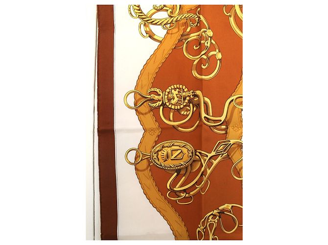 Hermès Carré 90 seta marrone bianco oro D'oro - vista 4