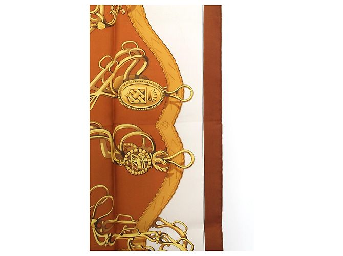Hermès Carré 90 seta marrone bianco oro D'oro - vista 6