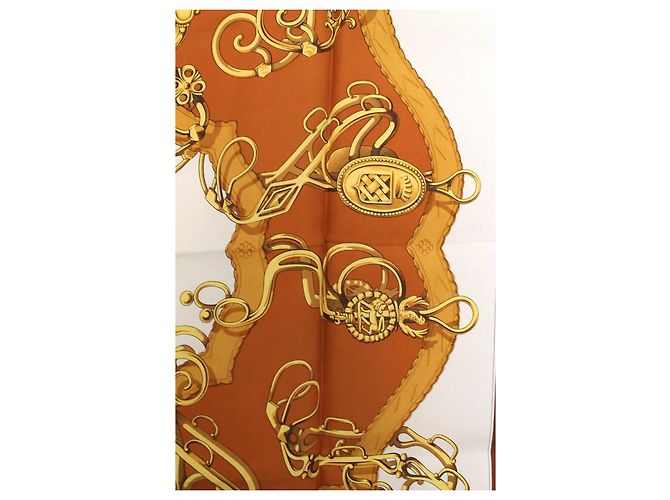 Hermès Carré 90 seta marrone bianco oro D'oro - vista 8