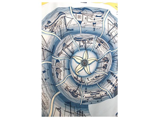Hermès Seidentuch "Compagnons de Mer" Gelb und Blau Weiß Beige - Ansicht 3