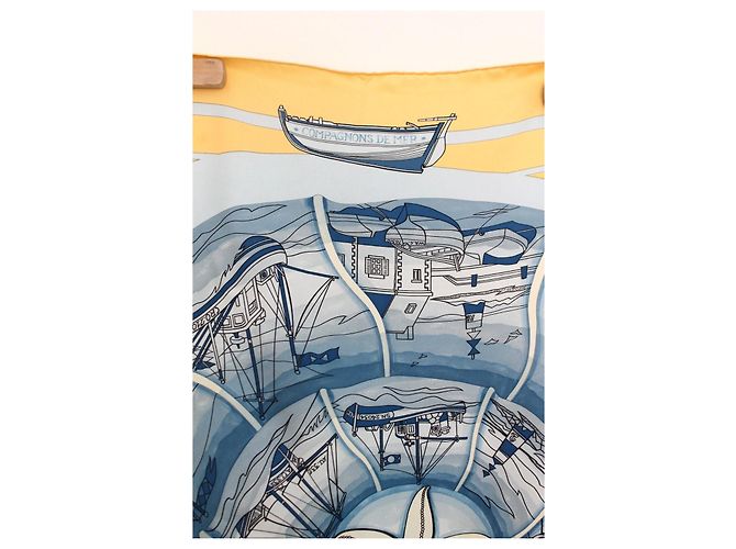 Hermès Seidentuch "Compagnons de Mer" Gelb und Blau Weiß Beige - Ansicht 4
