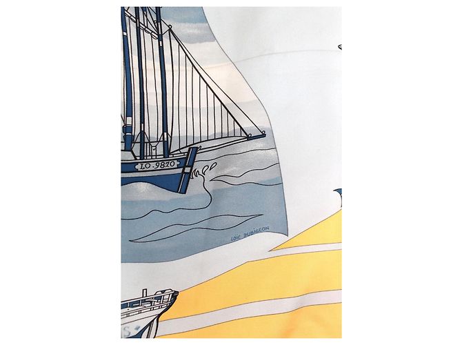 Hermès Seidentuch "Compagnons de Mer" Gelb und Blau Weiß Beige - Ansicht 7