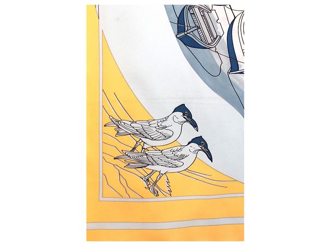 Hermès Seidentuch "Compagnons de Mer" Gelb und Blau Weiß Beige - Ansicht 8