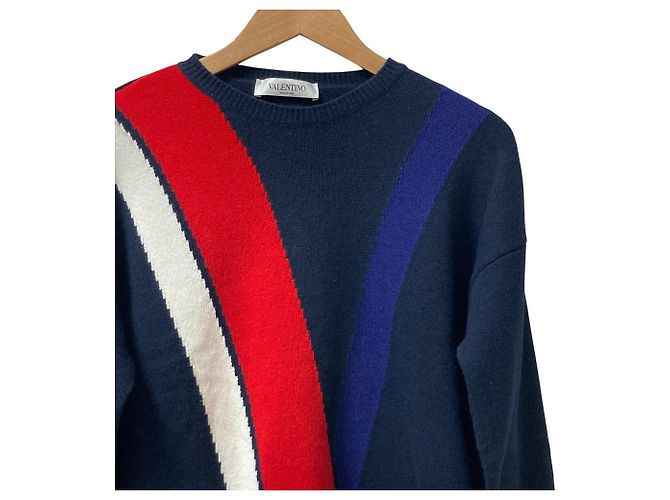 Valentino V Logo Strickpullover aus Wolle und Kaschmir Weiß Rot Blau Marineblau - Ansicht 2
