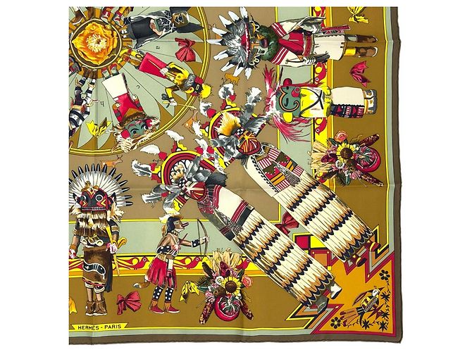 Pañuelo Hermès Kachinas 100% Seda Castaño Caqui - vista 5