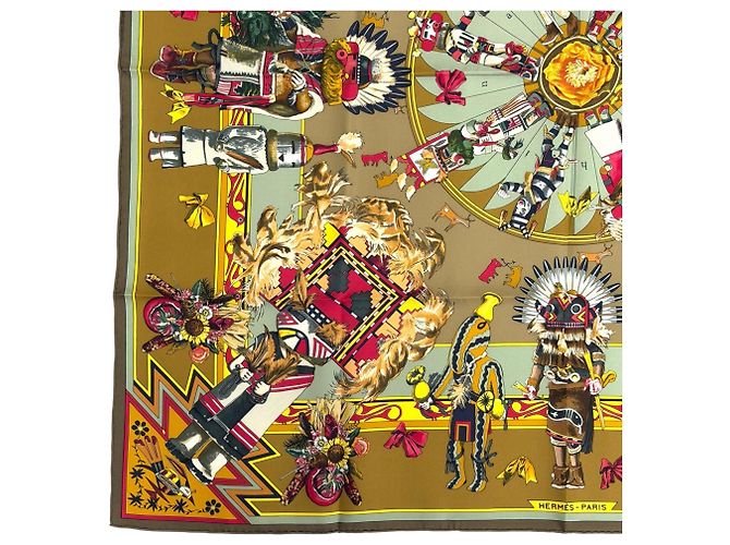 Pañuelo Hermès Kachinas 100% Seda Castaño Caqui - vista 6