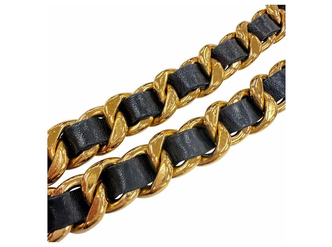 CHANEL Vintage Coco Mark Ledergürtel mit Doppelkette und Münzmuster Schwarz Golden - Ansicht 5