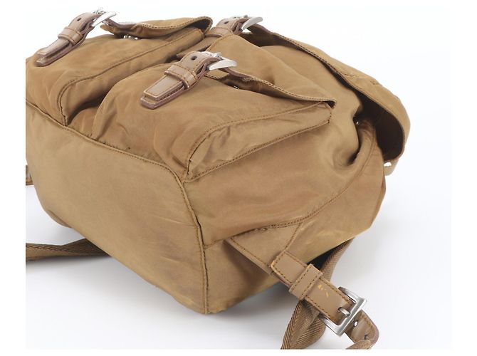Prada Tessuto Nylon Triangle Logo Leather Backpack Brown - view 4