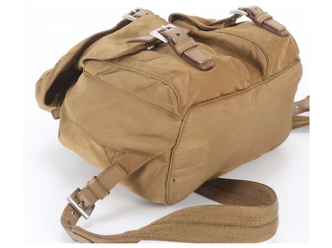 Prada Tessuto Nylon Triangle Logo Leather Backpack Brown - view 5