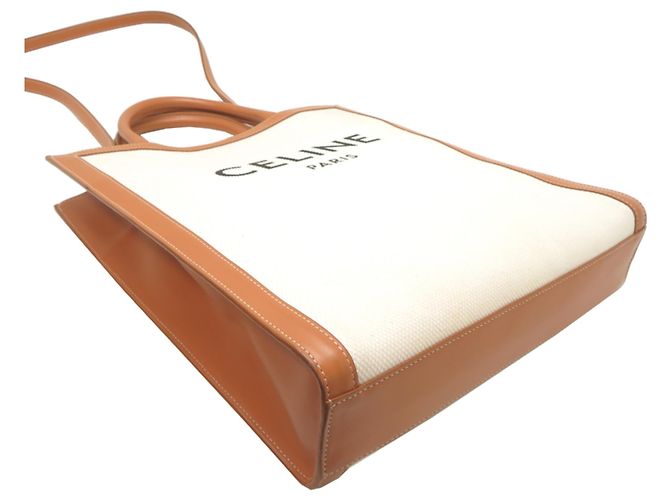 Céline Celine Vertical Cabas Small Tote Bag Marron Écru - vue 3
