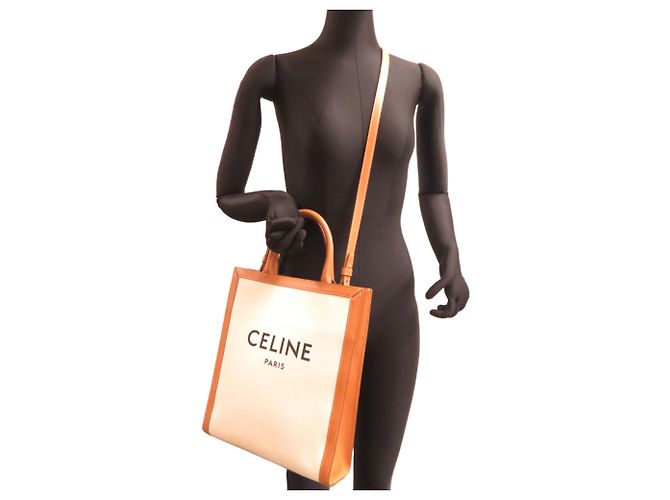 Céline Celine Vertical Cabas Small Tote Bag Marron Écru - vue 9