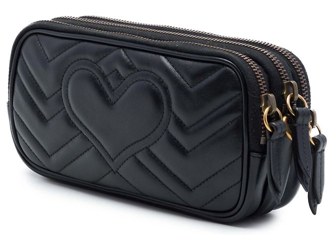 Gucci Mini GG Marmont in pelle matelassé nera, borsa a tracolla con tripla zip Nero - vista 2