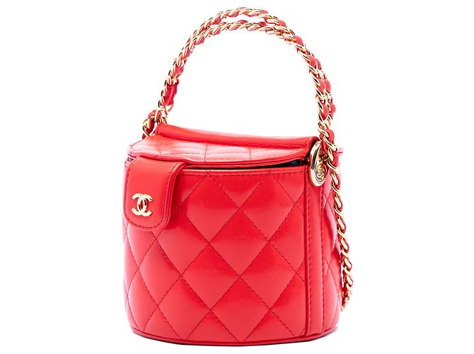 Chanel Red CC gesteppte Lammleder Round Vanity Case mit Griff und Kette Rot - Ansicht 2