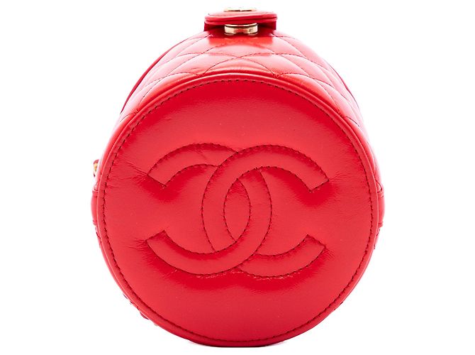 Chanel Red CC gesteppte Lammleder Round Vanity Case mit Griff und Kette Rot - Ansicht 3