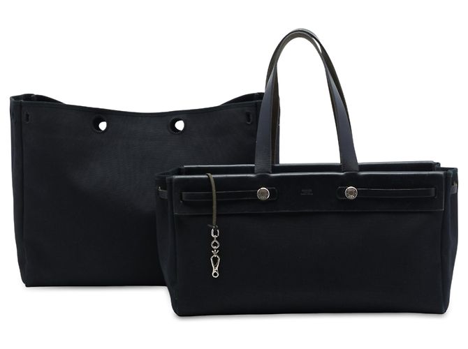 Hermès Black Toile and Vache Hunter Herbag Cabas MM Preto - vista 7