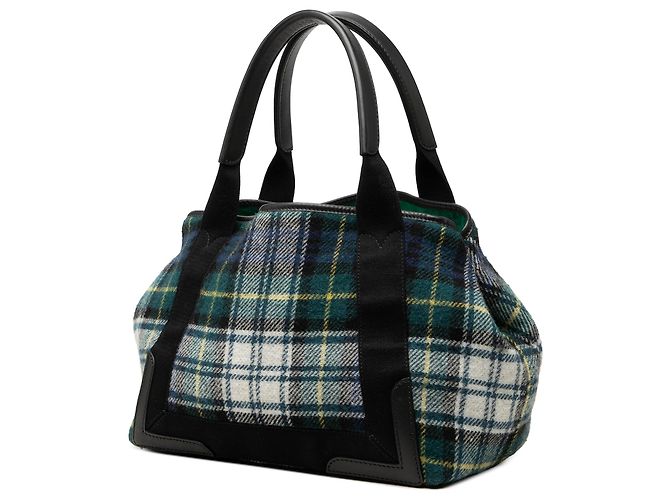 Balenciaga Cabas S in lana a quadri verde e blu navy Verde scuro - vista 2