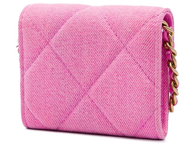 Portamonete Chanel 19 Flap in denim matelassé rosa con catena - vista 2