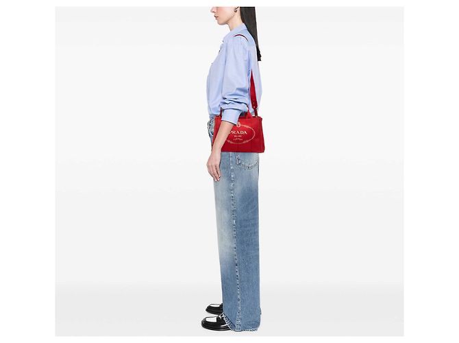 Prada Sac Tote Small Canvas Canapa Logo Rouge - vue 6