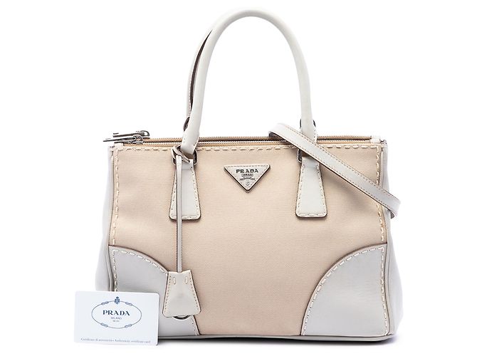 Borsa Galleria Double Zip Prada Beige in tela e pelle City Calf con impunture, Small - vista 7