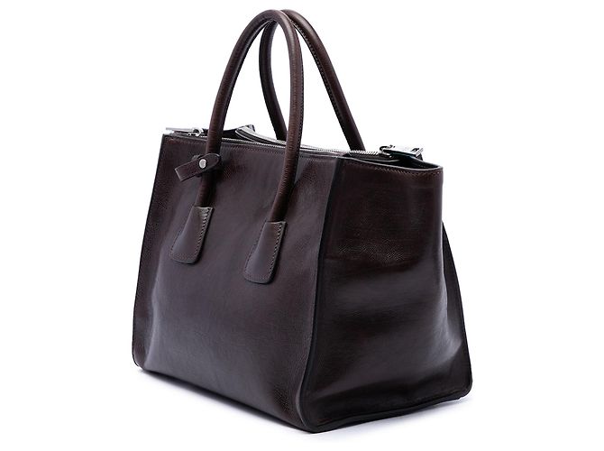 Double Bolsa Prada em couro de bezerro glace marrom com alça dupla e bolso duplo Castanho escuro - vista 2